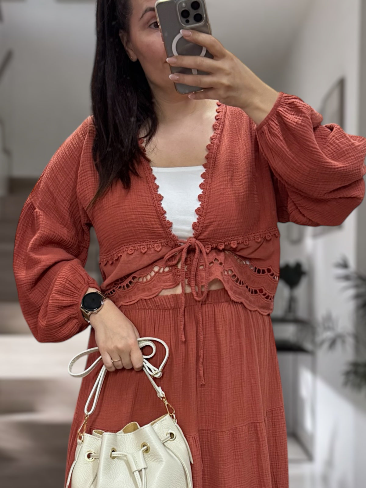 Boho-Bluse Musselin mit Spitze in Rost