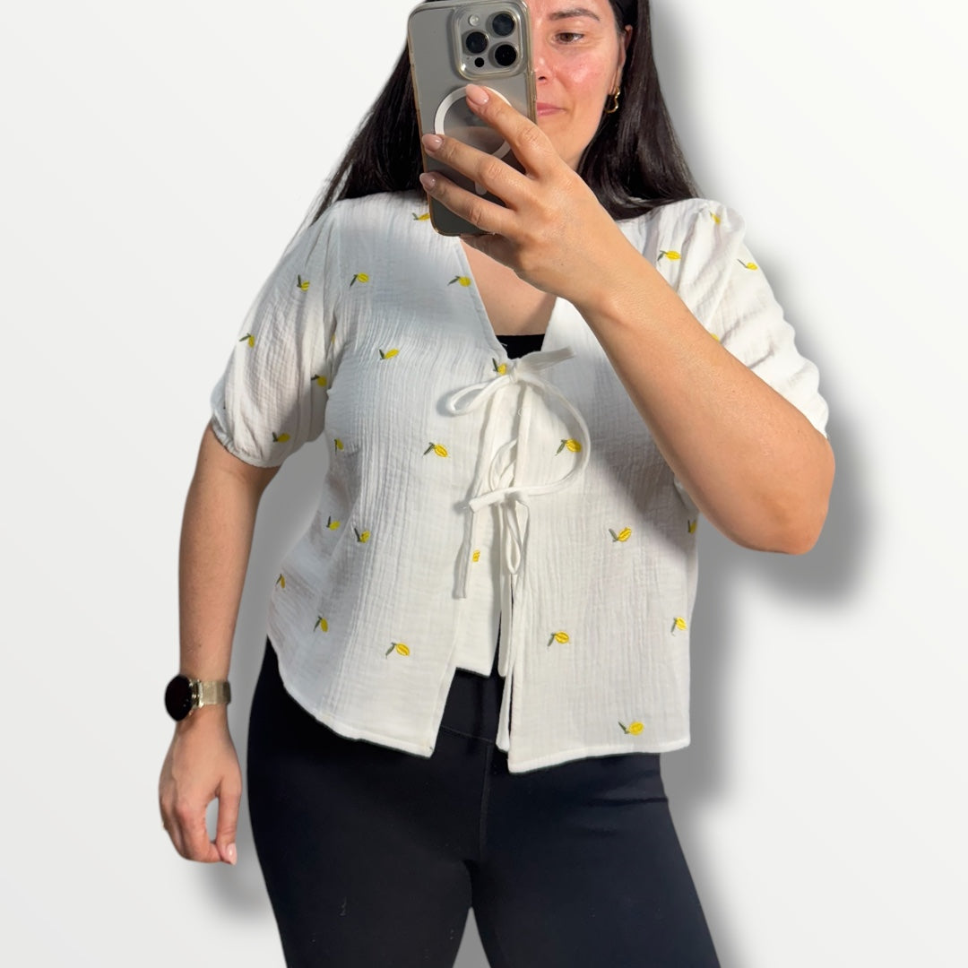 Musselin Lemon Binde-Bluse weiß mit hochwertiger Bestickung