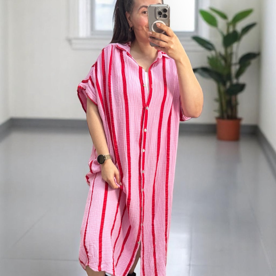 Langes Oversize Musselin Blusenkleid pink/rot gestreift
