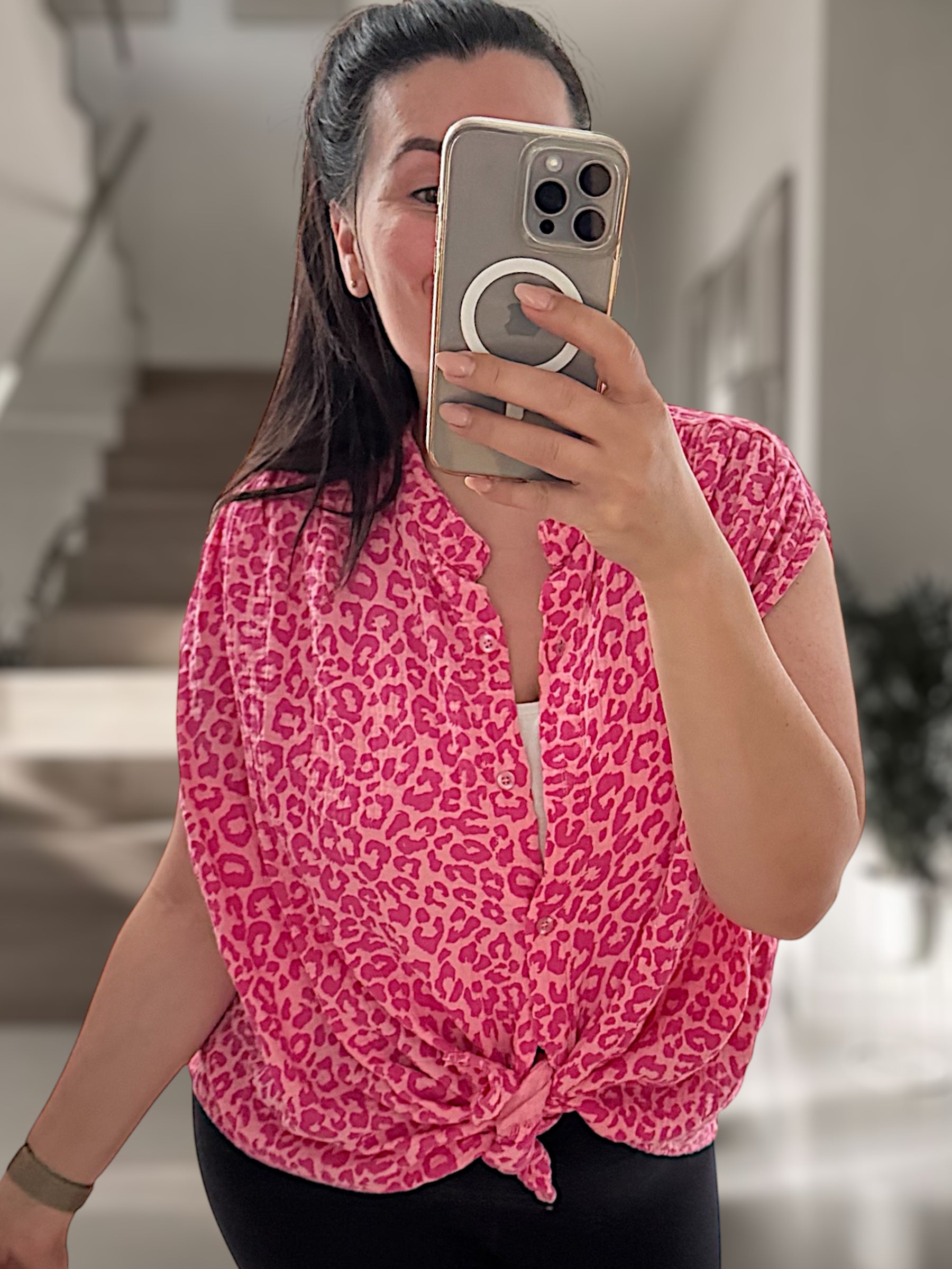 Musselin Leo Kurzarm Bluse Pink