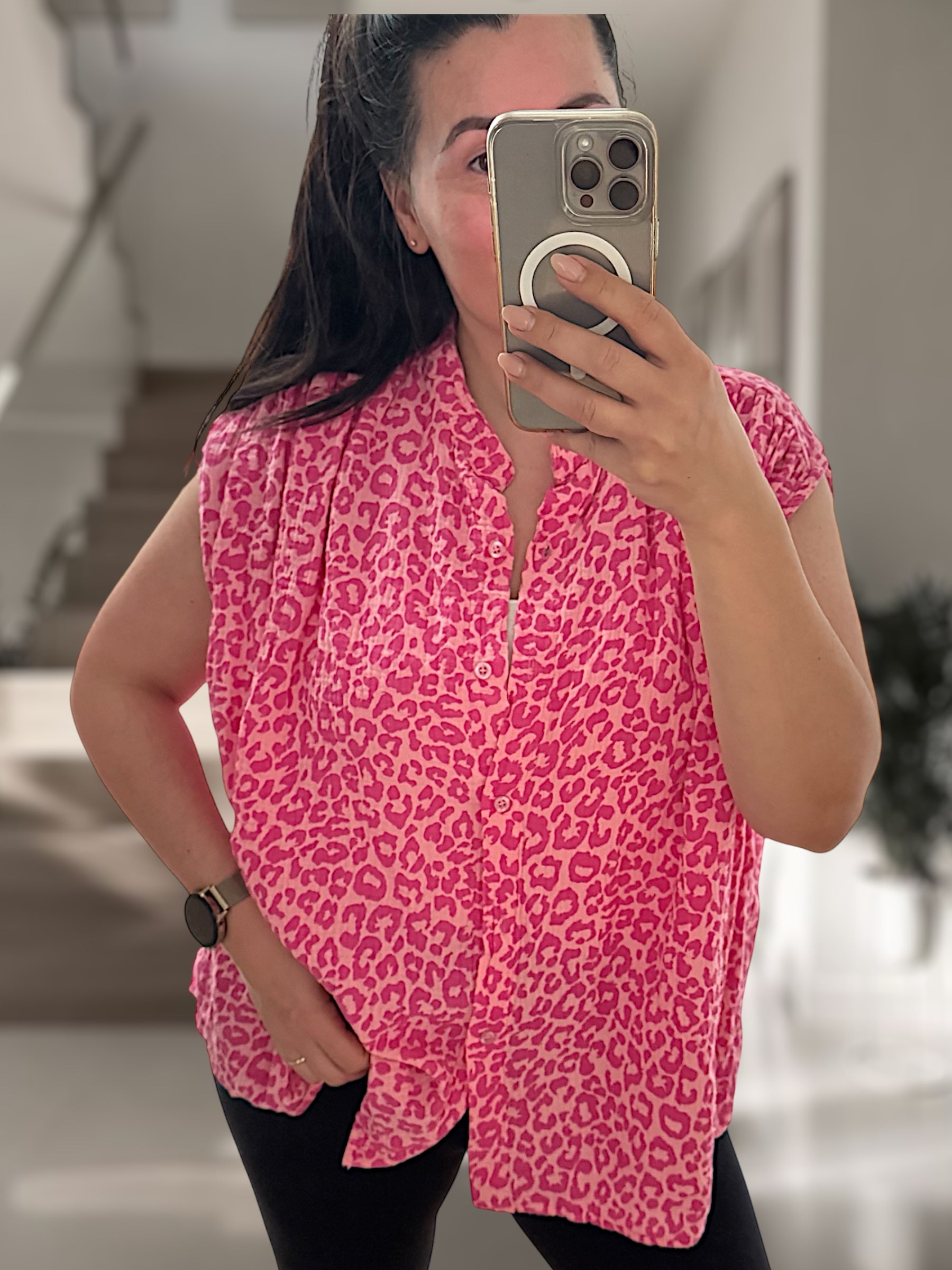 Musselin Leo Kurzarm Bluse Pink