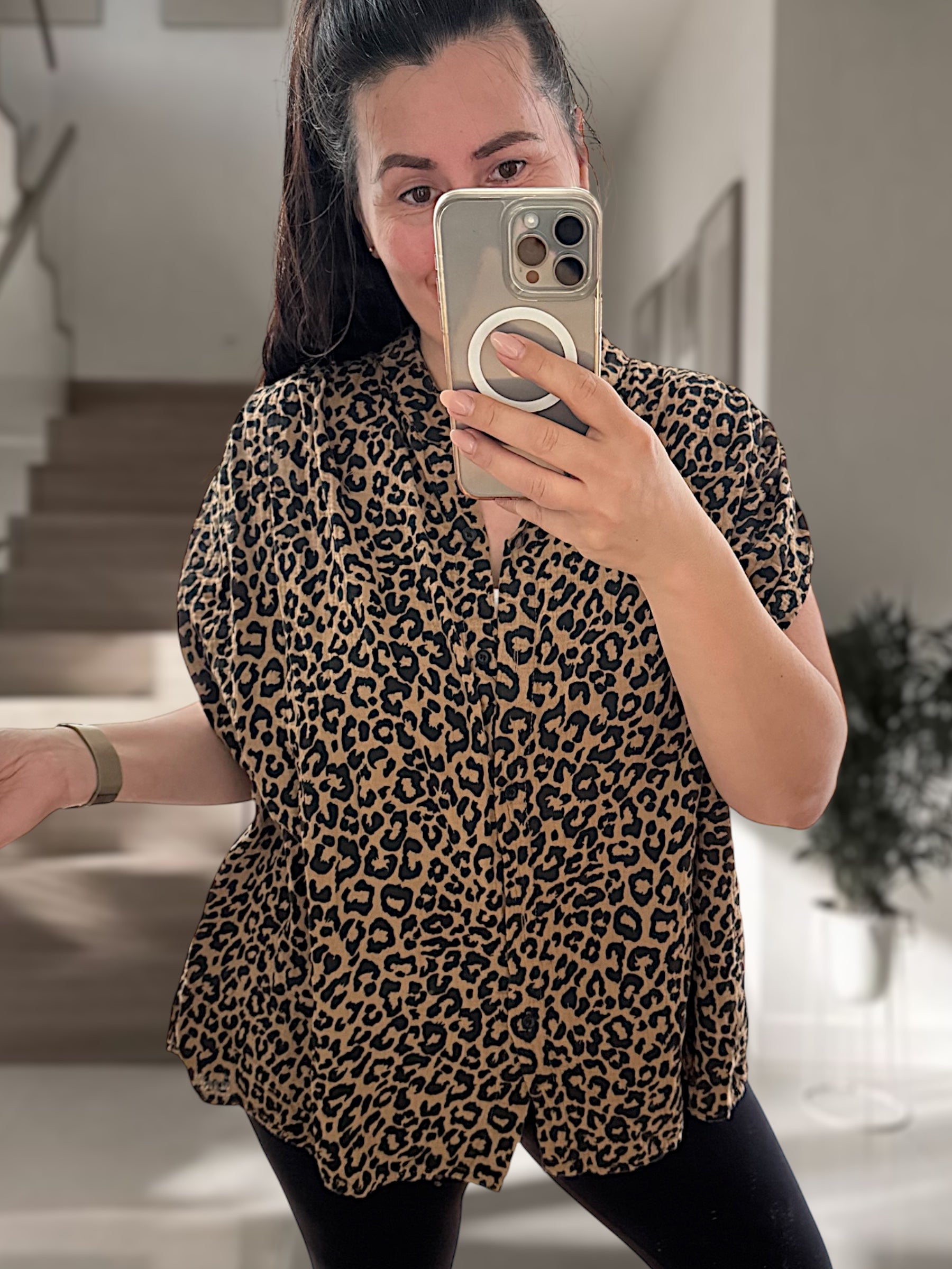 Musselin Leo Kurzarm Bluse Camel