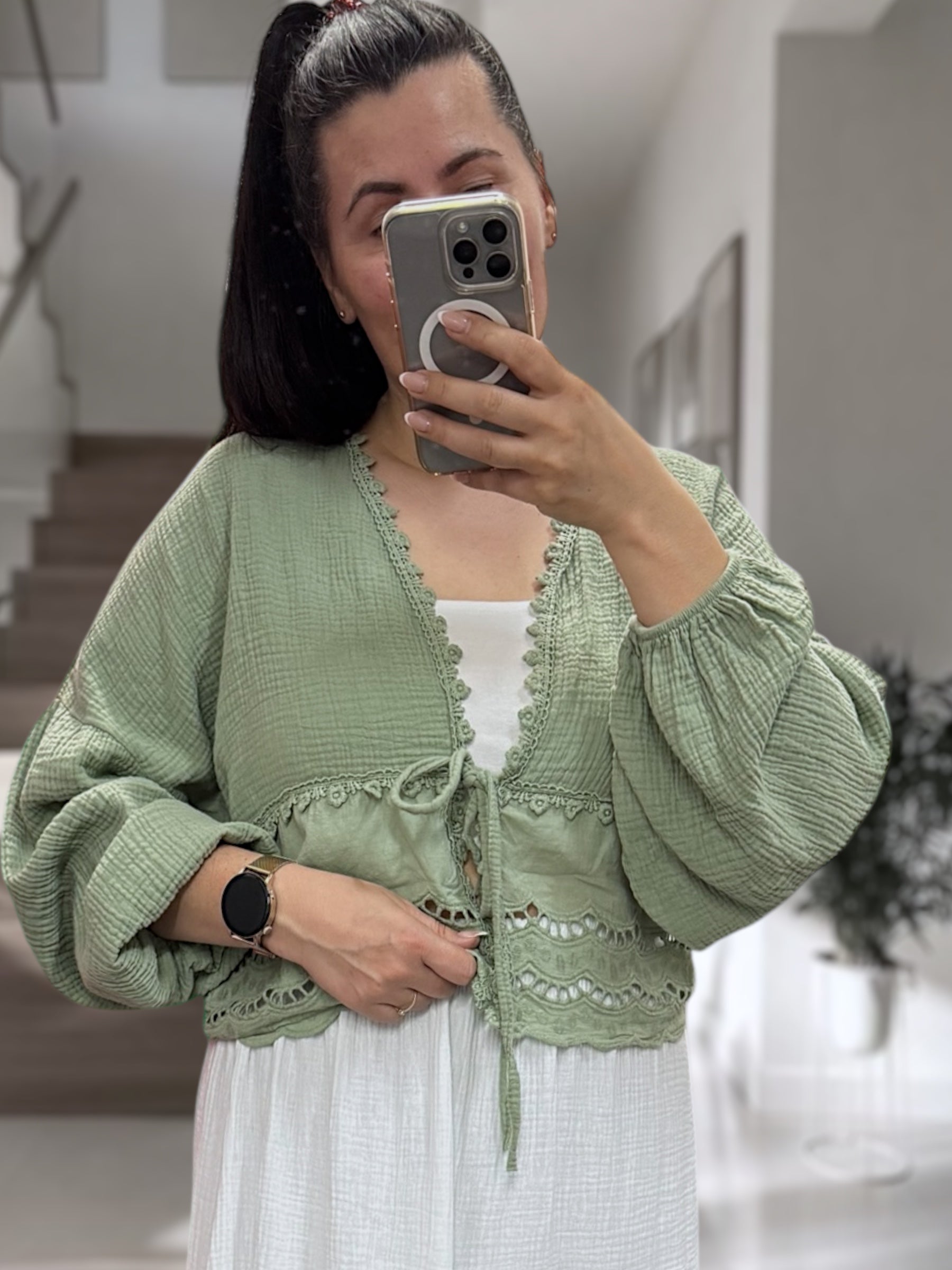 Boho-Bluse Musselin mit Spitze in Khaki