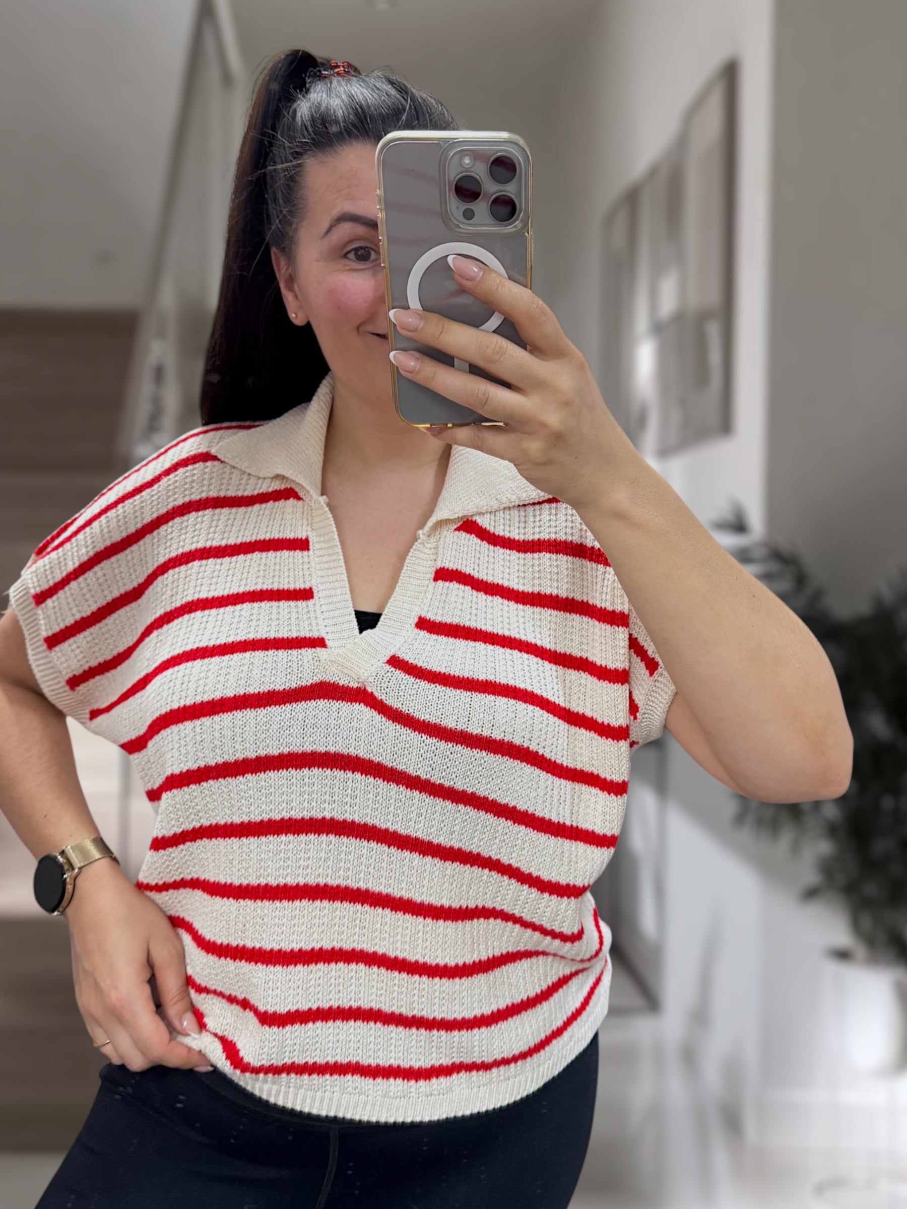Häkel-Pullover Kurzarm gestreift beige
