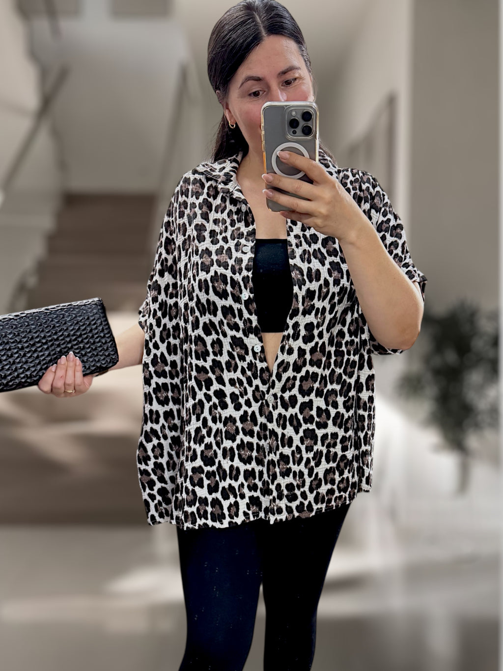 Musselin Leo Kurzarm Bluse schwarz/braun