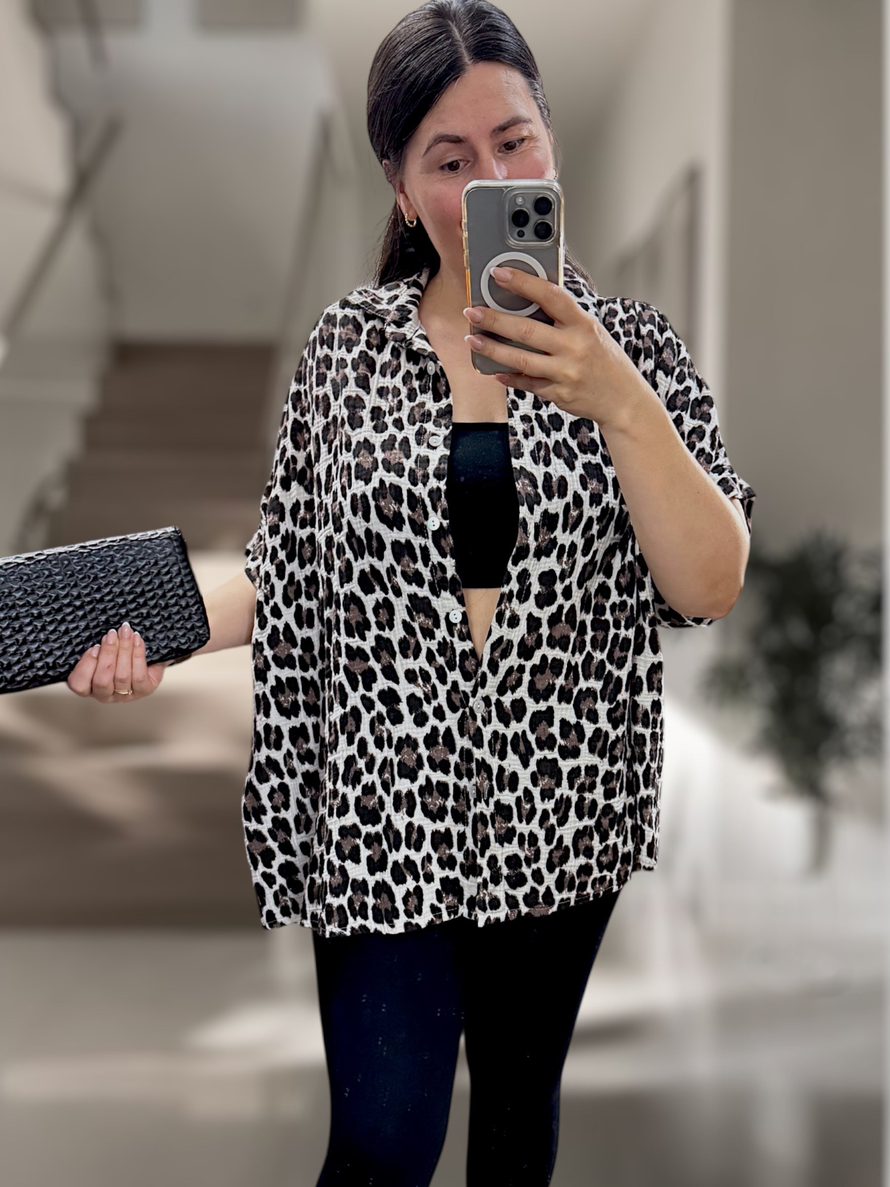 Musselin Leo Kurzarm Bluse schwarz/braun