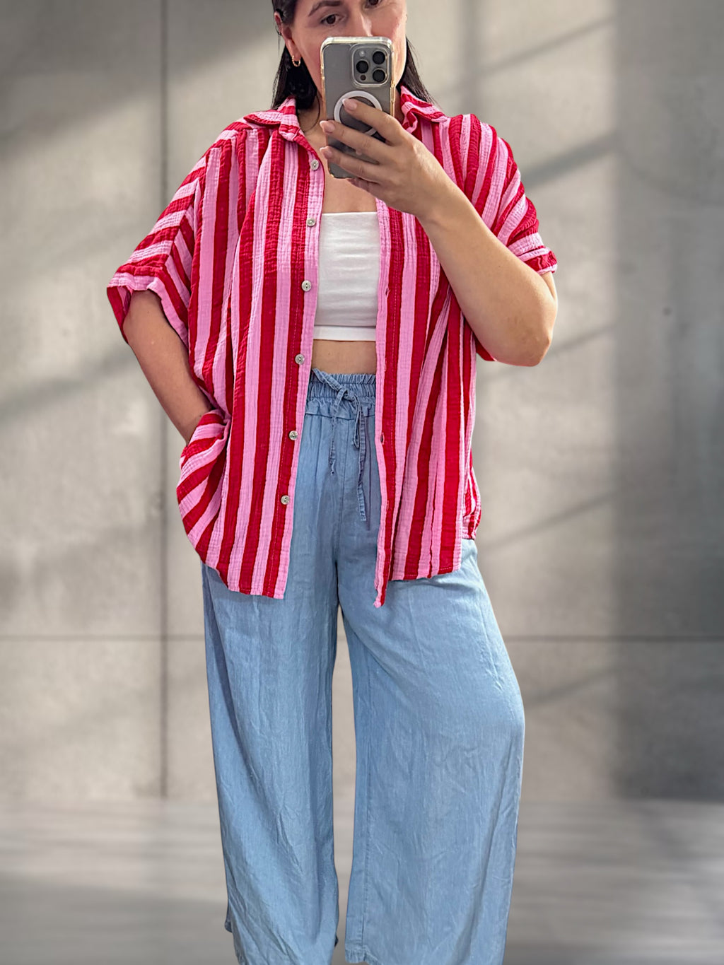 Musselin Hemd kurzarm gestreift rot/pink