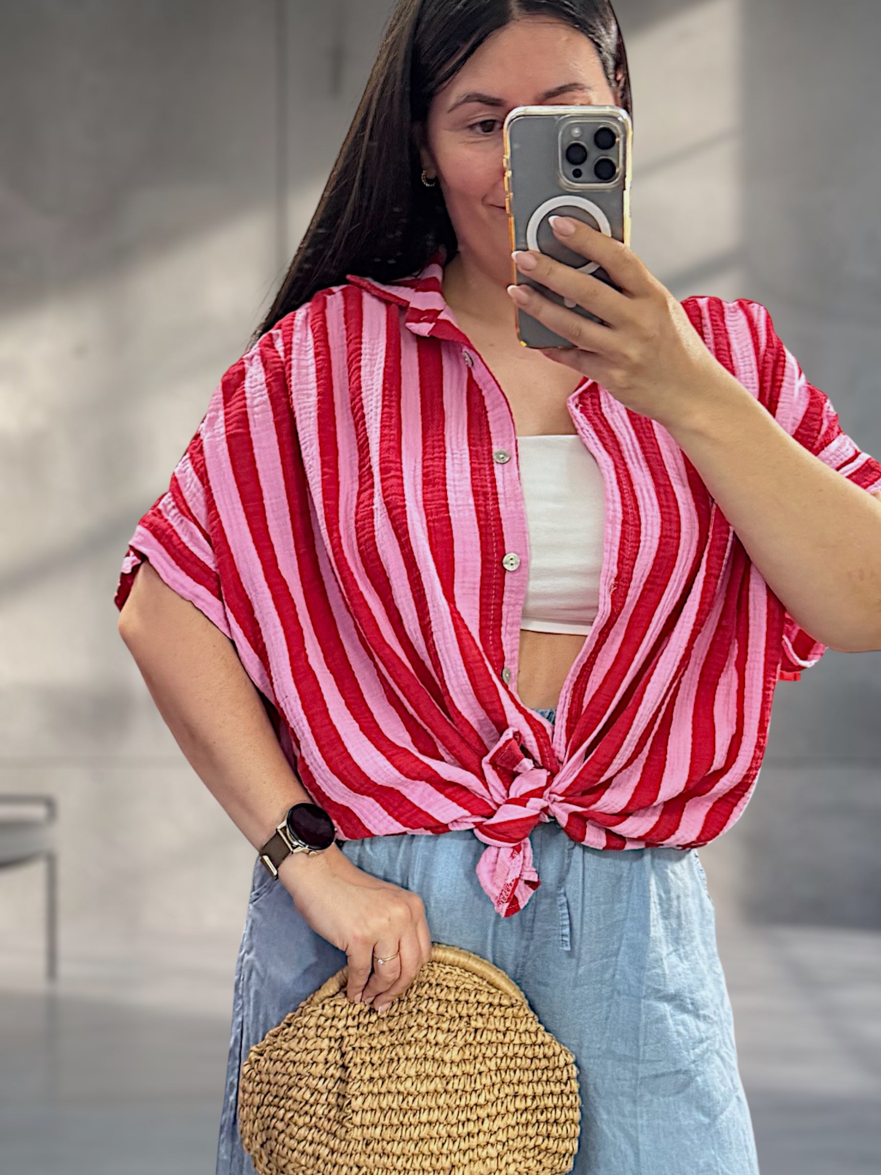 Musselin Hemd kurzarm gestreift rot/pink