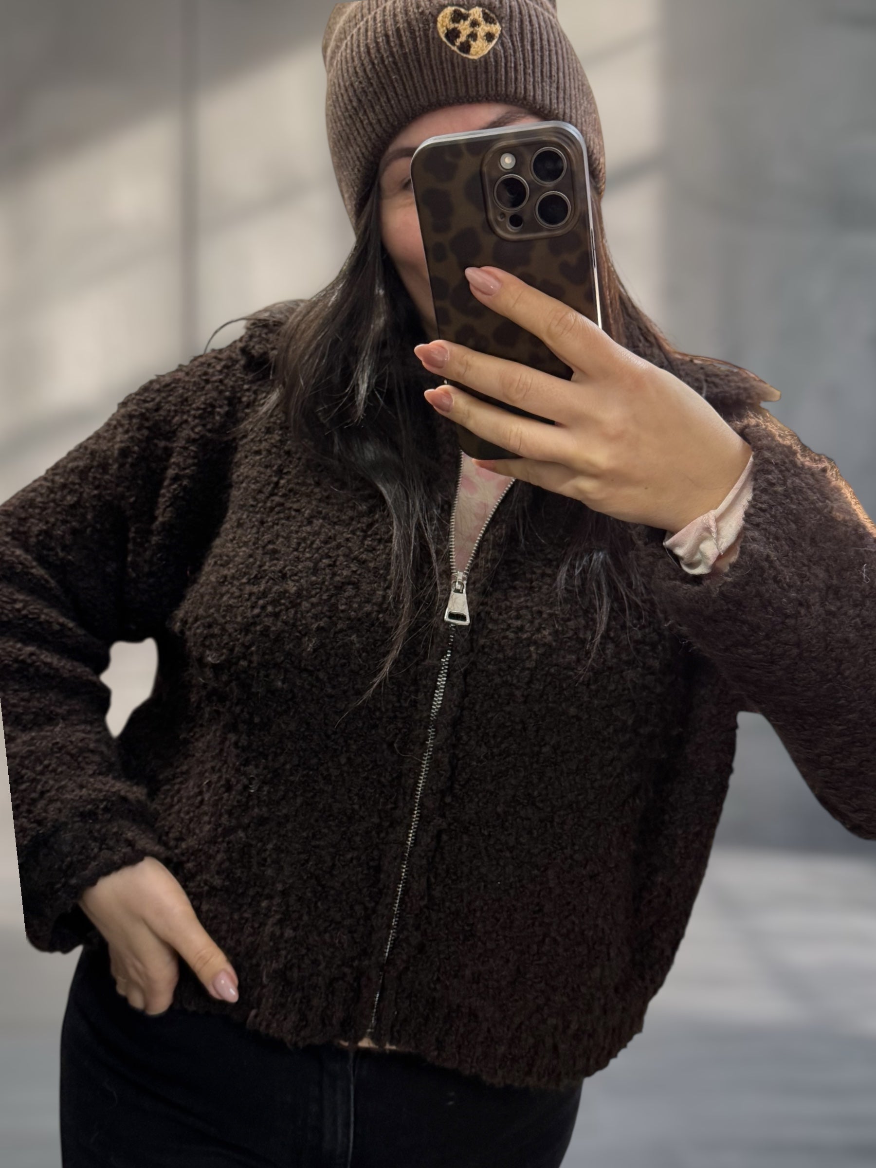 Kuschlige Bouclè Zipp Strickjacke  (Verschiedene Farben)