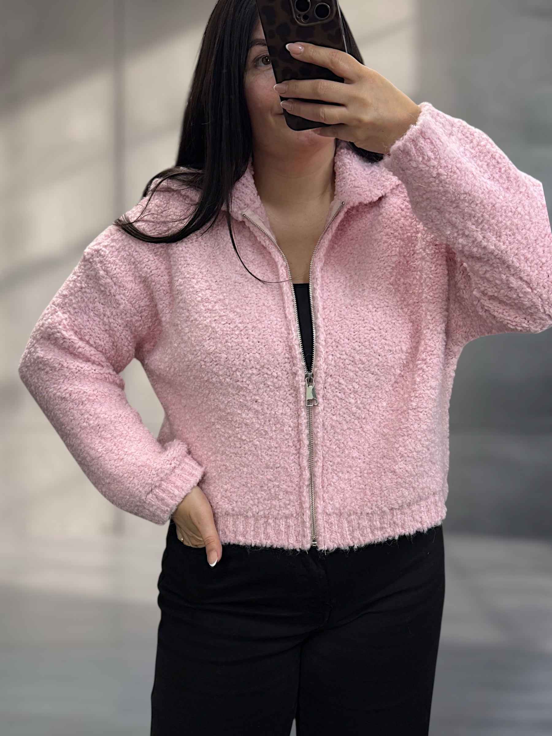 Kuschlige Bouclè Zipp Strickjacke  (Verschiedene Farben)