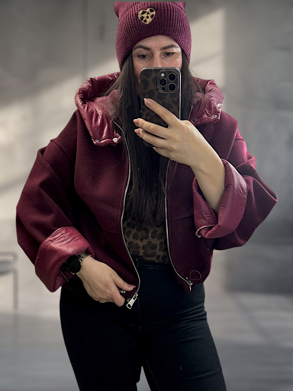 Jacke leicht Oversize mit Kapuze Bordeaux